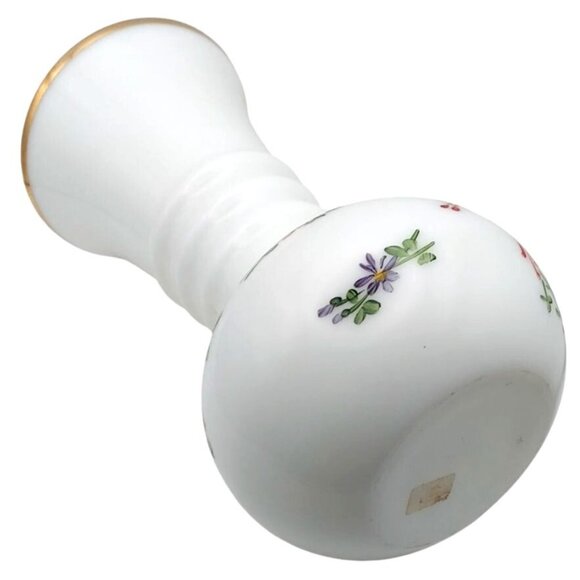 Vintage MCM Milk Glass Hand Painted Floral Ball Vase Gold Trim Ribbed Neck - Picture 3 of 7